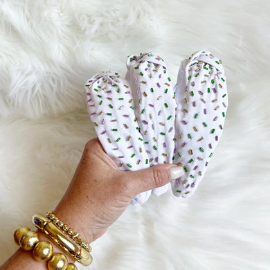 White sprinkle Mardi Gras knot headband