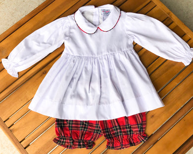 White peter pan top with plaid flannel bloomers