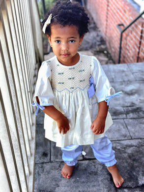 Cream and blue smocking pant set