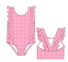 red gingham rash guard one piece swimsuit with snaps