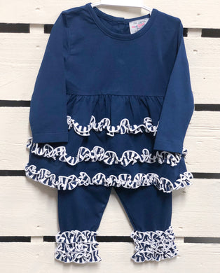 Navy knit ruffle pant set