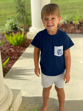 Navy and light blue stripe shirt set