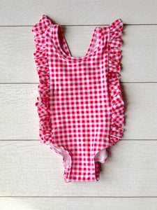 red gingham rash guard one piece swimsuit with snaps